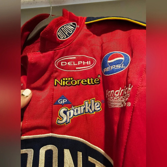 Dupont Jeff Gordon Red Racing Jacket snap front flames on sleeves Size Large - Picture 5 of 14